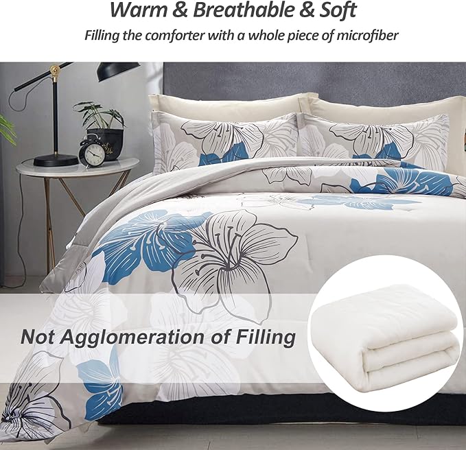 Menghomeus Floral Comforter Set Full Blue Floral Pattern Printed on Grey, Soft Microfiber Bedding Set Lightweight Boho Bed Set for All Season (1 Comforter, 2 Pillowcases)