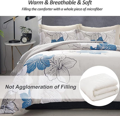 Menghomeus Floral Comforter Set Full Blue Floral Pattern Printed on Grey, Soft Microfiber Bedding Set Lightweight Boho Bed Set for All Season (1 Comforter, 2 Pillowcases)