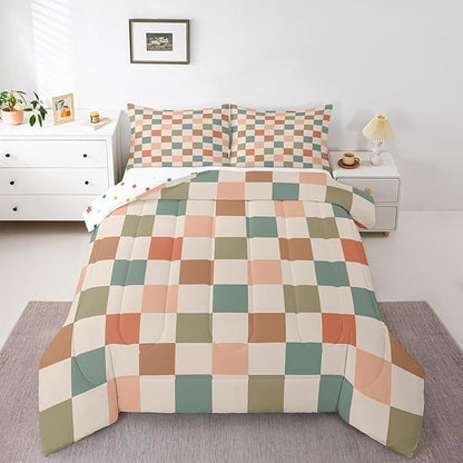 Feelyou Multicolored Checkered Retro Bedding Set Kids Boys Girls Geometric Vintage Comforter Set Toddler Size Ivory White Colorful Duvet Insert Modern Simple Groovy Aesthetic Room Decor