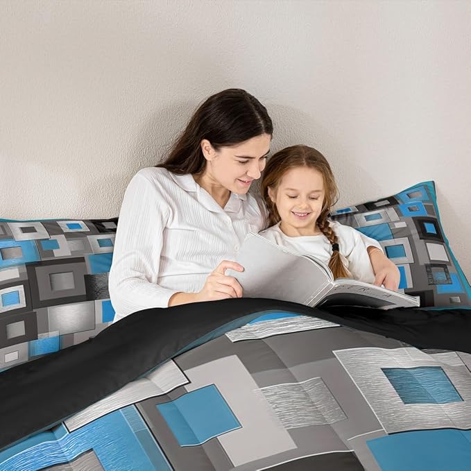 Castle Fairy Geometric Grid Full Size Comforter Set,Blue White and Gray Bedding Set for Adults Teens,Children Modern Abstract Comforter Luxury Geometric Square Splicing Quilt Set Room Decor 3Pcs