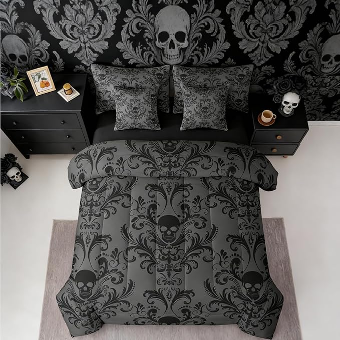 Erosebridal Gothic Damask 7 Piece Comforter Set Full Bed in a Bag,Sugar Skull Bedding Sets Black Grey Victorian Floral Goth Sheet Set with Comforter