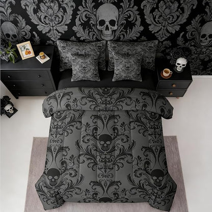 Erosebridal Gothic Damask 7 Piece Comforter Set Full Bed in a Bag,Sugar Skull Bedding Sets Black Grey Victorian Floral Goth Sheet Set with Comforter