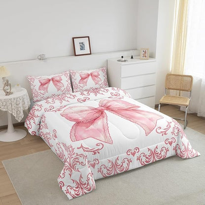 jejeloiu Girls Pretty Ribbon Pink Bow Bedding Set Twin Size Pink Damask Comforter Set for Kids Women Cute Bow Duvet Set Princess Quilt Set 2Pcs