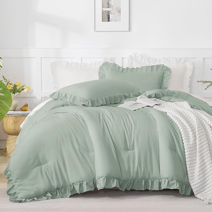 Andency Sage Green California King Comforter Set, 3 Pieces Farmhouse Shabby Chic Cal King Size Ruffle Bed Set, Oversized Soft Lightweight Microfiber Bedding Set