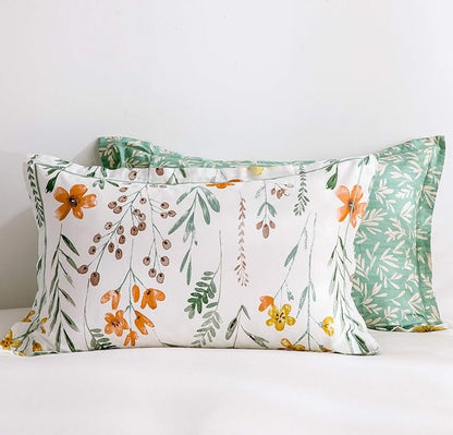 SLEEPBELLA Queen Size Comforter Set Yellow Flowers & Green Botanical Pattern Printed on White 100% Cotton Fabric, Ultra Soft Microfiber Inner Fill 3Pcs Bedding Set