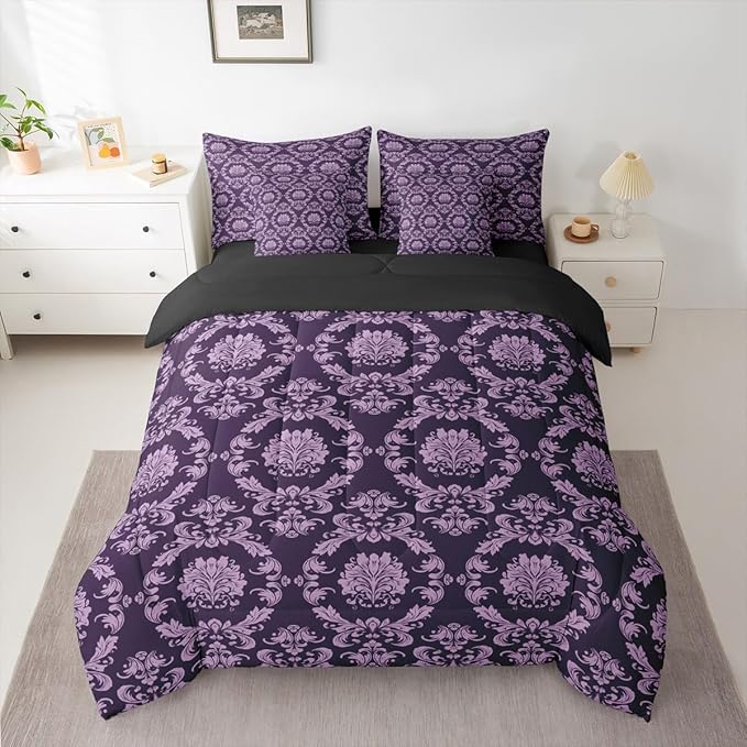 Erosebridal Black and Purple Damask Twin Comforter Set with Sheets | Antique Decor Gothic Vintage Floral 7 Piece Bedding Set Goth Victorian Bed in a Bag, Luxury Bohemian Room Decor
