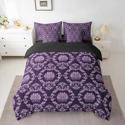Erosebridal Black and Purple Damask Twin Comforter Set with Sheets | Antique Decor Gothic Vintage Floral 7 Piece Bedding Set Goth Victorian Bed in a Bag, Luxury Bohemian Room Decor