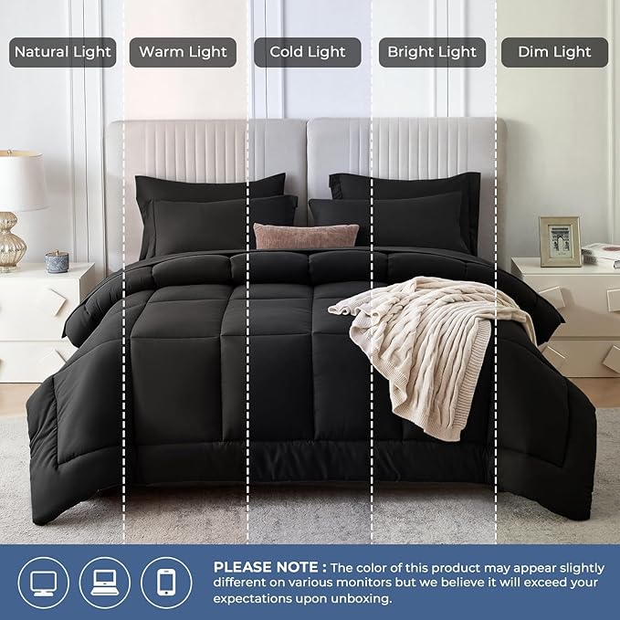 Sasttie California King Comforter Set Black, 7 Pieces Cal King Bed in a Bag, Complete Bedding Set Includes Comforter, Flat Sheet, Fitted Sheet, Pillowcases and Pillow Shams, Black
