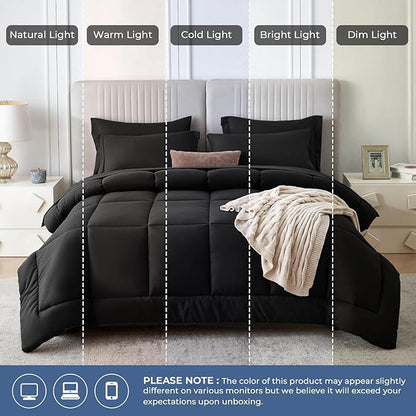 Sasttie California King Comforter Set Black, 7 Pieces Cal King Bed in a Bag, Complete Bedding Set Includes Comforter, Flat Sheet, Fitted Sheet, Pillowcases and Pillow Shams, Black
