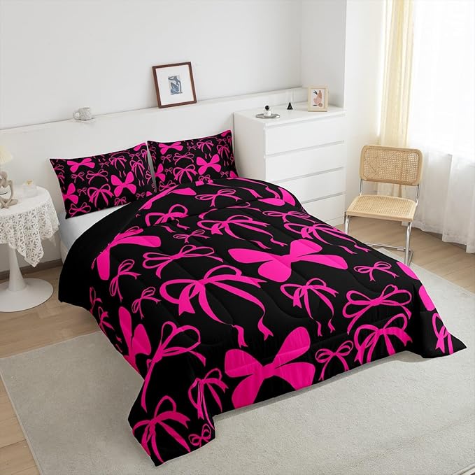 Feelyou Cute Bowknot Bedding Set Boys Girls Toddler Size Bow Comforter Set for Kids Women Men Ultra Soft Pink Girls Bow Duvet Quilt Kawaii Bow Room Decor Lovely Decor