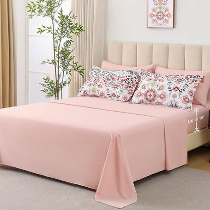 Boho Comforter Set King - 7 Pieces Bed in a Bag Floral Design, Bohemian Comforter Set with Sheets, Soft Microfiber Complete Bedding Sets All Season (Light Pink, King)