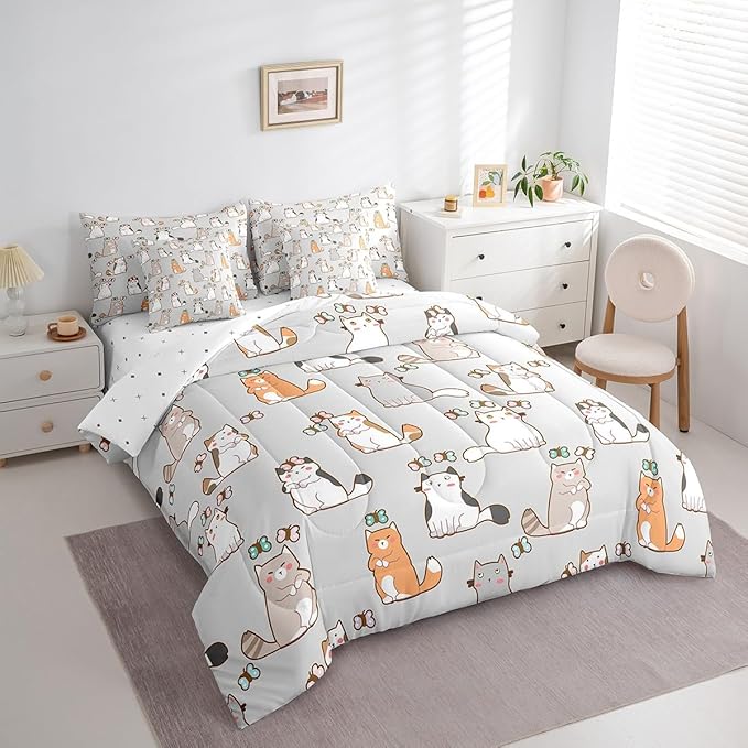 Erosebridal Cartoon Cat 7 Pcs Comforter Set King,Cute Butterfly Print Bed in a Bag,Kawaii Animal Kitten Duvet Set Pet Theme Bedding Set with Comforter,Sheets,Pillowcases & Throw Pillow Covers,Grey