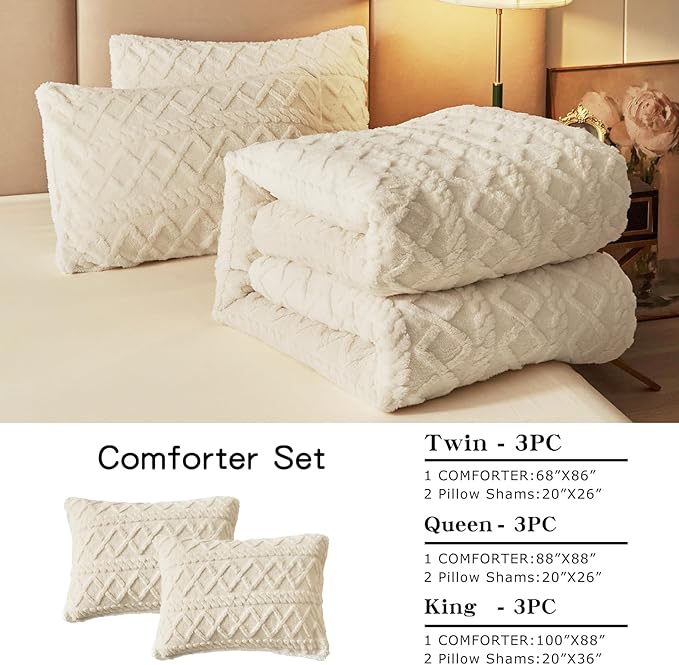 Joyreap 3-Piece Fluffy Faux Fur Sherpa Comforter Set Beige, King Size Luxury Tufted Bedding Comforter Set, All Season Soft n Cozy Plush Comforter Bed Set- 100x88 inches
