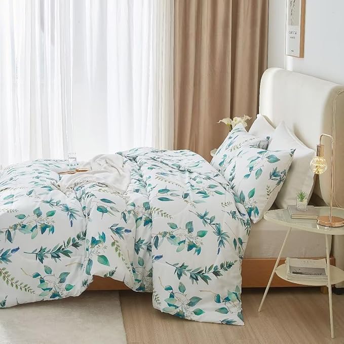 MKXI Rustic Floral Comforter Set White and Blue Full Size Botanical Bedding Comforters Branch Floral Duvet Lightweight Turquoise Leaves Pattern Aesthetic Bed Set 1 Comfortert + 2 Pillowcases