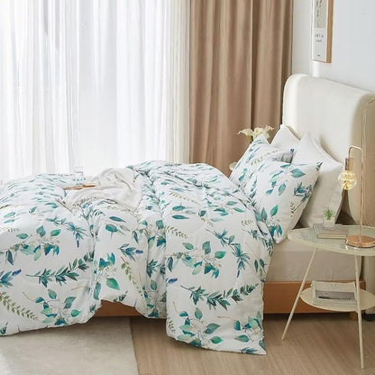 MKXI Rustic Floral Comforter Set White and Blue Full Size Botanical Bedding Comforters Branch Floral Duvet Lightweight Turquoise Leaves Pattern Aesthetic Bed Set 1 Comfortert + 2 Pillowcases