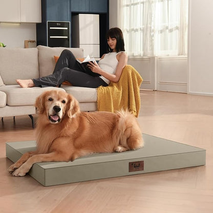 Outdoor Dog Bed for Medium Dogs, Waterproof Dog Crate Mat Orthopedic Egg Crate Foam Pet Bed with Washable Removable Oxford Cover, Khaki