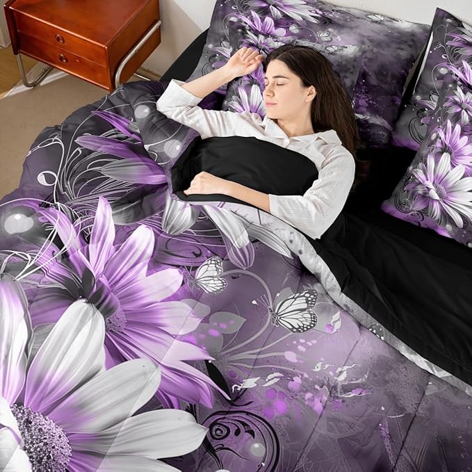 Feelyou Girls Vintage Flower Comforter Set with Sheets Twin Size 7 Pieces Kids Purple Daisy Florals Pattern Bedding Set for Boys Women Teens Butterfly Botanical Nature Garden Theme Bed in a Bag