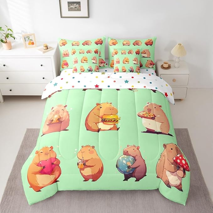 Erosebridal Funny Capybaras 7 Pieces Bedding Set Twin,Capybara Lover Bed in a Bag,Cartoon Rodents Bed Set Includes Comforter,Sheet Set,Pillowcases & Pillow Covers,Green Khaki Capybara Bedroom Decor
