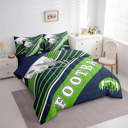 Erosebridal Football Comforter Set Full Size Bed in A Bag, 7 Pieces Football Bedding with Sheets, Navy Green Comforter + Flat Sheet + Fitted Sheet + 2 Pillowcases + 2 Throw Pillow Covers