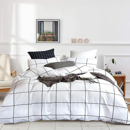KAREVER White Grid Comforter Twin Plaid Bedding Set Stripes Boys Checkered Comforters Bedding Set Girls White Grid Comforter Set Twin