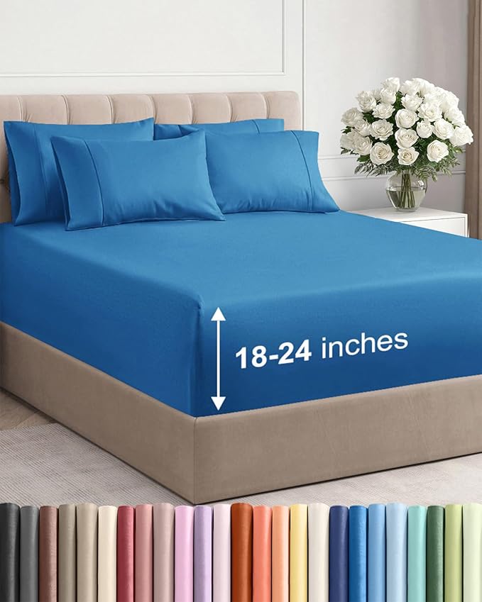 Extra Deep Queen Sheet Set - 6 Piece Breathable and Cooling Sheets - Hotel Luxury Bedding for Women, Men, Kids & Teens - Easy Secure Fit - Soft, Wrinkle Free & Comfy - Extra Deep Pockets - Denim Blue
