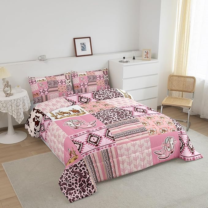 Feelyou Pink Aztec Bedding Set King Size, Kids Western Decor Comforter Set Wild West Cowboy Cowgirl Comforter Boho Style Duvet Insert Bed Set 3Pcs