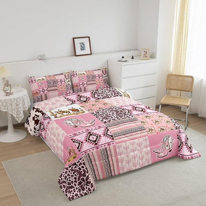 Feelyou Pink Aztec Bedding Set King Size, Kids Western Decor Comforter Set Wild West Cowboy Cowgirl Comforter Boho Style Duvet Insert Bed Set 3Pcs