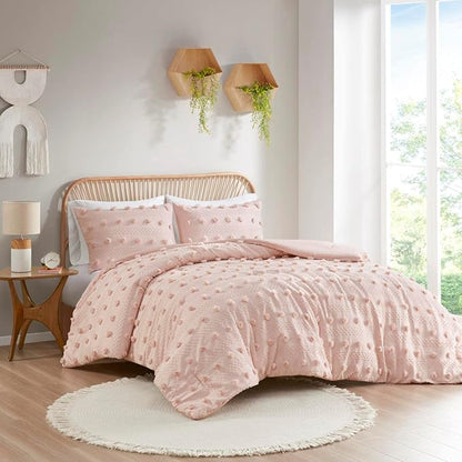 Intelligent Design Queen Comforter Set, Clipped Jacquard Comforter Set Chic Pompoms Accent, All Seasons Lightweight & Fluffy Comforter Bed Set with 2 Shams, Lucy, Full/Queen Pink 3 Piece