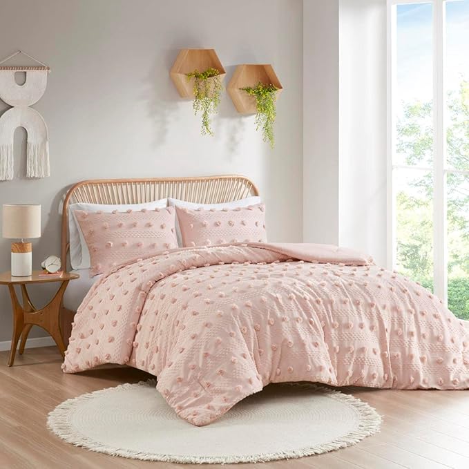 Intelligent Design Twin Comforter Set, Clipped Jacquard Comforter Set Chic Pompoms Accent, All Seasons Lightweight & Fluffy Comforter Bed Set with 1 Sham, Lucy, Twin/Twin XL Pink 2 Piece