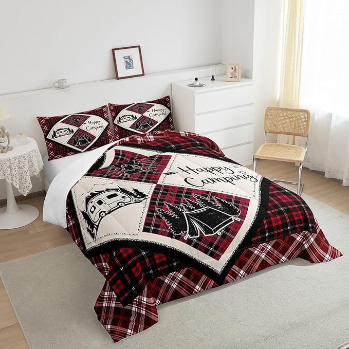 Feelyou Camper Comforter Set Queen Size Kids Happy Camping Comforter for Boys Teens Wood Grain Fire Tree Camper Accessories for Travel Trailers Bedding Set Black Red Duvet Set Room Decor