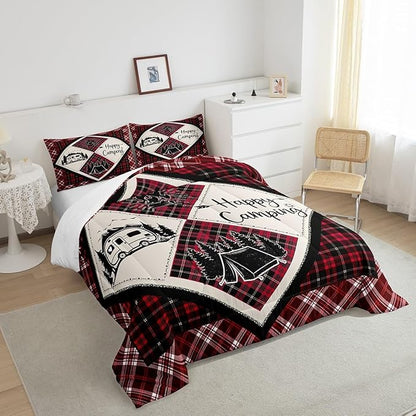Feelyou Camper Comforter Set Queen Size Kids Happy Camping Comforter for Boys Teens Wood Grain Fire Tree Camper Accessories for Travel Trailers Bedding Set Black Red Duvet Set Room Decor