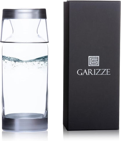 GARIZZE Bedside Water Carafe and Glass Set for Bedroom, Bedside Carafe and Glass Set, Mouthwash Decanter for Bathroom, Water Carafe with Glass Cup for Nightstand (24-oz/7-oz) (SILVER) GIFT BOX