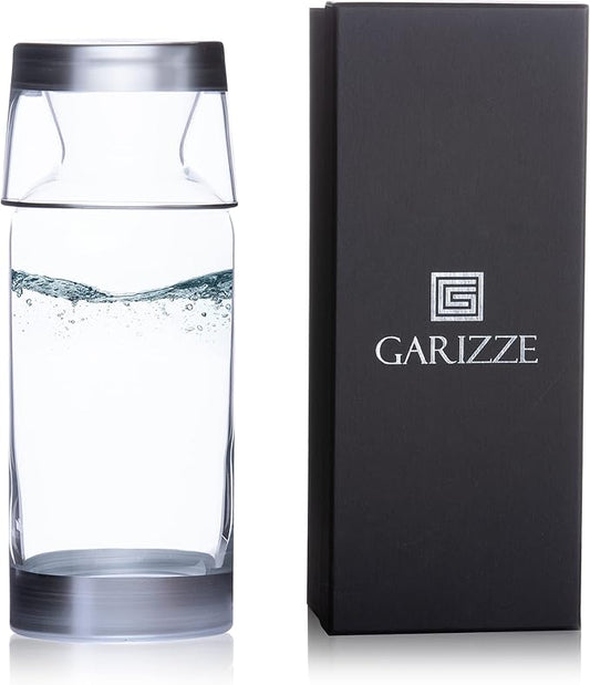 GARIZZE Bedside Water Carafe and Glass Set for Bedroom, Bedside Carafe and Glass Set, Mouthwash Decanter for Bathroom, Water Carafe with Glass Cup for Nightstand (24-oz/7-oz) (SILVER) GIFT BOX