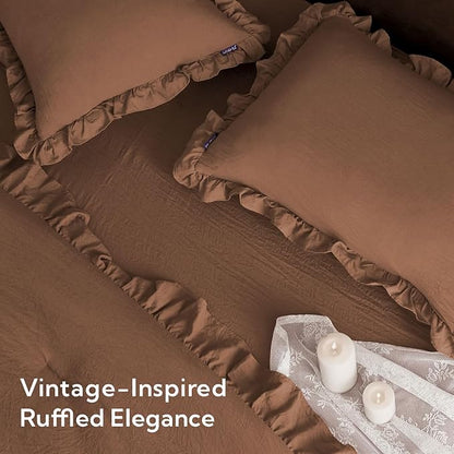 MR&HM Comforter Set Brown Comforter Set Twin for Girls Women 5 Pieces, Shabby Chic Vintage Cottagecore Bed Sets Elegance Boho Bed in a Bag, Ultra-Soft & Fluffy Comforter for All Season