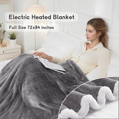 Heated Blanket Electric Blanket Full Size 72''x84'' with 9 Heating Levels, 1-10 Hour Auto Shut Off, Machine Washable, Flannel & Sherpa Soft Warming Blanket for Couch, Bed, Office - Light Grey