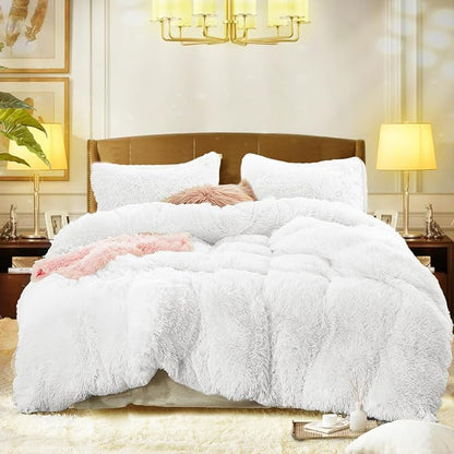 Flysheep Luxury Faux Fur Twin Size Winter Comforter Set Shaggy Velvet Pure White Long Hair, 3 Pieces Plush Flannel Sherpa Backing Reversible Soft Microfiber Super Warm Bedding Set for Holiday