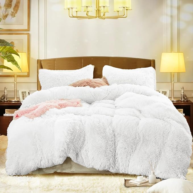 Flysheep Luxury Faux Fur King Size Winter Comforter Set Shaggy Velvet Pure White Long Hair, 3 Pieces Plush Flannel Sherpa Backing Reversible Soft Microfiber Super Warm Bedding Set for Holiday