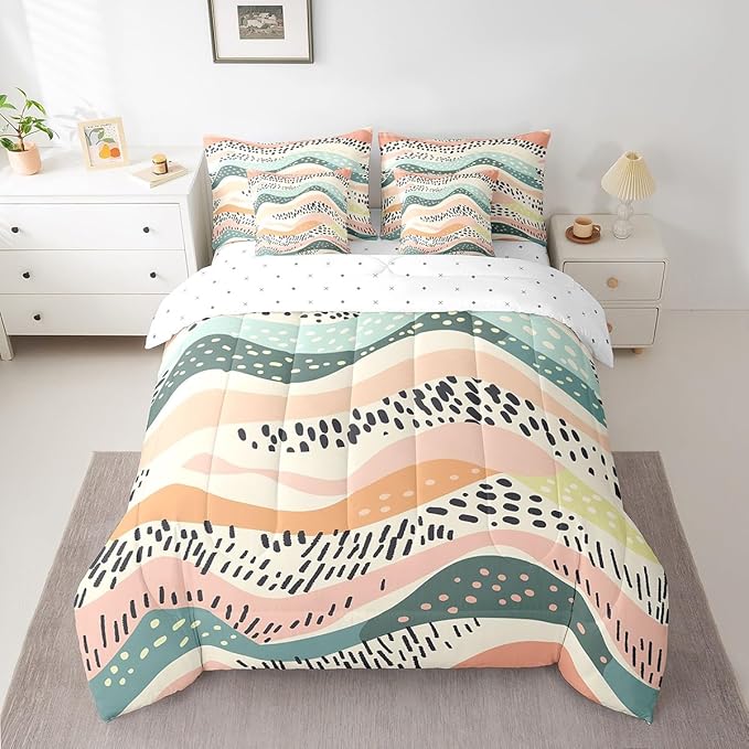 Geometric Wave Bedding Full Size 7-Piece Girls Pink Teal Beige Comforter Set, Black Polka Dots Bedding Comforter Sets Modern Abstract Art Bed in a Bag, Vintage Minimalist Bedding Accessories