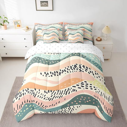 Geometric Wave Bedding Full Size 7-Piece Girls Pink Teal Beige Comforter Set, Black Polka Dots Bedding Comforter Sets Modern Abstract Art Bed in a Bag, Vintage Minimalist Bedding Accessories
