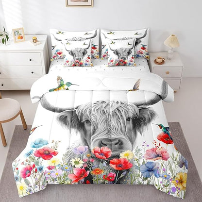 Erosebridal Highland Cow 7 Pcs Comforter Set Full,Red Poppy Floral Bed in a Bag with Flat Sheet and Fitted Sheet,Hummingbird Western Funny Animals Cattle Farmhouse Bedding Set with Pillowcase & Sham