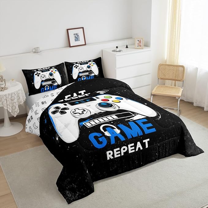 jejeloiu Eat Sleep Game Bedding Set Toddle Size Cartoon Gamer Comforter Set for Kids Boys Girls Modern Game Duvet Set Black Blue Quilt Set 2Pcs