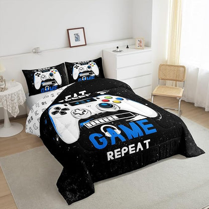 jejeloiu Eat Sleep Game Bedding Set Toddle Size Cartoon Gamer Comforter Set for Kids Boys Girls Modern Game Duvet Set Black Blue Quilt Set 2Pcs