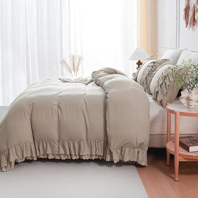 Herside Taupe Boho Ruffle Comforter Queen Size,Shabby Chic Ruffle Bedding Set,2 Layers Ruffles Fluffy Vintage Comforter Home Decor,Farmhouse 3 Pcs Microfiber Lightweight Quilt Set for Women Girls