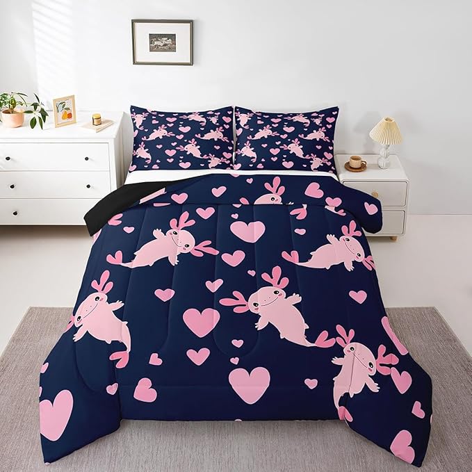 Feelyou Axolotl Comforter Set Queen Size Heart Comforter for Boys Girls Teens Cute Axolotl Bedding Set Cartoon Salamander Duvet Set Room Decor Navy Blue Pink Quilt Set