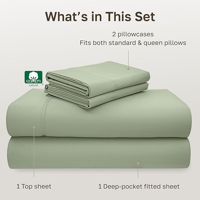 California Design Den Hotel Quality Deep Pocket Queen Sheets Set - Luxury 600 Thread Count Sateen, Natural 100% Cotton Queen Size Sheets Set, Fully Elasticized, Crisp, Cool and Durable - Laurel Green