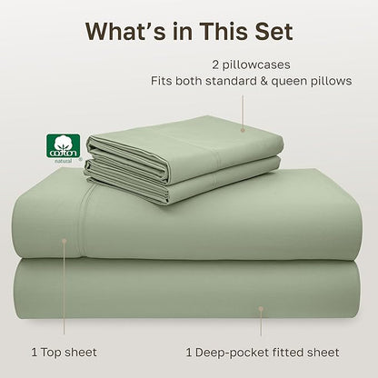 California Design Den Hotel Quality Full Size Sheets Set - Luxury 600 Thread Count Sateen, Natural 100% Cotton Bed Sheets, Fully Elasticized Deep Pockets, Crisp, Cool and Durable - Laurel Green