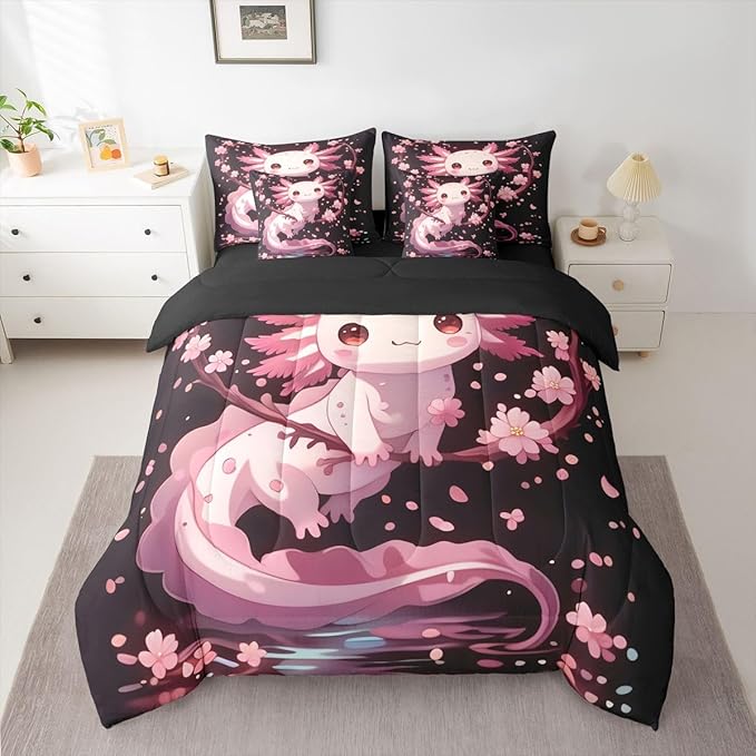 Erosebridal Axolotl Bed in A Bag Twin | Cherry Blossom Japanese 7 Piece Comforter Set Wildlife Pet Animal Pink Salamander Sheet Set Reversible Underwater World Fitted Sheet Breathable Lightweight