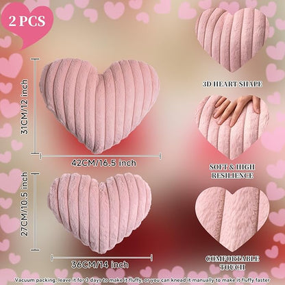 Lanpn Valentines Day Heart Pillows 2Pcs, Love Heart Shaped Pillow Soft Faux Fur Throw Pillow Plush Heart Decorative Cushion for Couch Bed Sofa Valentine Day Decor (Pink, 16.5x12in/14x10.5in)