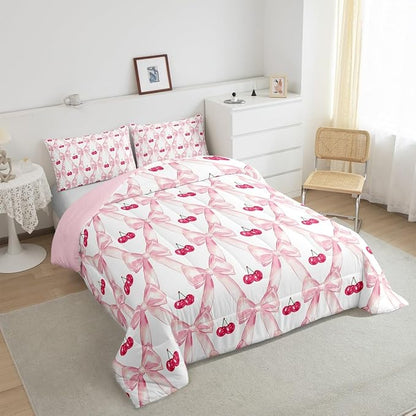 Erosebridal Cute Ribbon Bow Girls Bedding Set,Pink Kawaii Cherry Bedding Comforter Sets for Kids Teen Women Bedroom Decor Full,Watercolor Bow Comforter Set Abstract Bowknot Grids Quilt Duvet