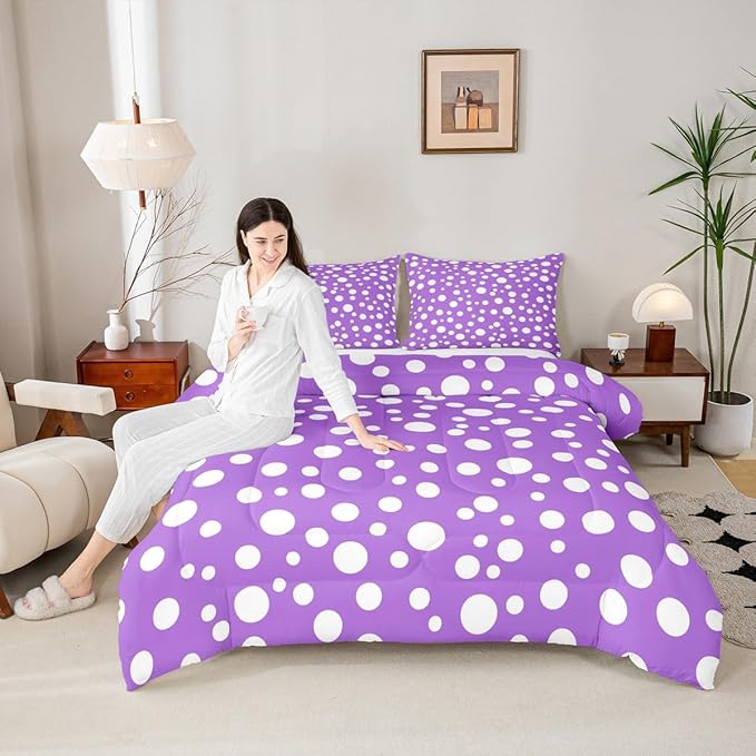 Manfei White Polka Dots Comforter Set Toddler Size,Purple White Simple Geometric Circles Bedding Set 2 Pcs for Boys Girls,French Style Cute Dots Print Comforter,1 Pillowcase